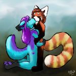  acru_jovian ambiguous_gender big_tail breasts canine digital digital_art female fur hug kissing kneeling mammal red_panda short side_boob wolf 