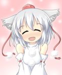  animal_ears bare_shoulders blush breasts closed_eyes detached_sleeves happy hat highres inubashiri_momiji medium_breasts meitou_muku open_mouth pom_pom_(clothes) short_hair silver_hair smile solo tokin_hat touhou v_arms wolf_ears 