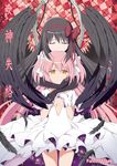  akemi_homura akuma_homura ayukko_(forest_village) bare_shoulders black_gloves black_hair black_wings bow choker closed_eyes cover cover_page doujin_cover dress elbow_gloves feathered_wings feathers gloves hair_bow hands_on_own_chest highres hug hug_from_behind kaname_madoka long_hair looking_at_viewer mahou_shoujo_madoka_magica mahou_shoujo_madoka_magica_movie multiple_girls pink_hair signature spoilers star_(sky) text_focus two_side_up ultimate_madoka white_gloves wings yellow_eyes yuri 