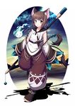  :3 animal_ears brown_hair cat_ears cat_tail earrings green_eyes hair_ornament highres holding jewelry knife looking_at_viewer md5_mismatch multiple_tails original parted_lips short_hair silhouette solo staff tail ugume walking wide_sleeves 
