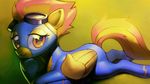  bedroom_eyes clothed clothing equine eyewear feathers female friendship_is_magic fur goggles hair hi_res hooves horse looking_at_viewer lying mammal my_little_pony orange_eyes orange_hair pegasus pony smile solo spitfire_(mlp) two_tone_hair uniform wings wonderbolts_(mlp) yellow_fur 