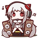 airfield_hime beamed_sixteenth_notes chibi eighth_note headphones horns kantai_collection long_hair looking_at_viewer musical_note nuu_(nu-nyu) red_eyes shinkaisei-kan silver_hair simple_background sitting sitting_on_object solo speaker white_background 