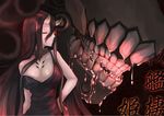  battleship_hime black_dress black_hair breasts cleavage dress glowing glowing_eyes hachachi horns kantai_collection large_breasts long_hair md5_mismatch monster one_eye_closed oni_horns pale_skin red_eyes saliva shinkaisei-kan smile 