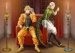  blonde_hair blue_eyes boots couch diego_brando dio_brando gloves green_shirt hat highres jacket jojo_no_kimyou_na_bouken multiple_boys red_eyes scary_monsters_(stand) shion125s shirt short_hair stand_(jojo) steel_ball_run stone_mask_(jojo) sweater tail turtleneck yellow_jacket 