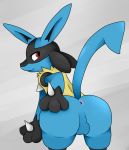  2019 backsack balls butt canine fur looking_back lucario male mammal nintendo nude pok&eacute;mon pok&eacute;mon_(species) presenting presenting_hindquarters raised_tail rear_view red_eyes simple_background sirpsycho smile solo video_games 