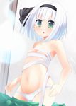  black_hairband blush breasts green_eyes groin hairband highres konpaku_youmu konpaku_youmu_(ghost) looking_at_viewer nigo_(aozoragarou) panties sarashi short_hair silver_hair small_breasts solo touhou underwear undone_sarashi undressing white_panties 