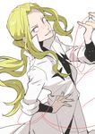  androgynous bad_id bad_pixiv_id blonde_hair iori_shirou ishihara_saika kill_la_kill labcoat life_fiber long_hair looking_at_viewer male_focus no_eyewear ponytail red_string smile solo string 