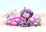  drooling flower hat hydrangea jiangshi kashuu_(b-q) miyako_yoshika ofuda open_mouth purple_hair red_eyes short_hair sitting skirt snail tombstone touhou 