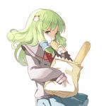  alternate_costume bag baguette bread eating food frog_hair_ornament green_eyes green_hair hair_ornament hair_tubes hillly_(maiwetea) kochiya_sanae paper_bag school_uniform serafuku touhou 