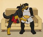  anthro balls big_balls big_penis bulge canine chubby daddy-o dog doggieo doggieo_(character) erection father father_and_son fathers_day gay incest male mammal muscles overweight parent penis sofa son underwear 