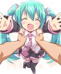  animated animated_gif aqua_hair closed_eyes detached_sleeves eeeeee fang gift hair_bobbles hair_ornament happy_birthday hatsune_miku holding_hands long_hair necktie open_mouth petite_miku skirt smile thighhighs twintails very_long_hair vocaloid zettai_ryouiki 