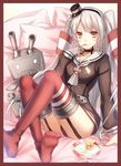  amatsukaze_(kantai_collection) ass bad_id bad_pixiv_id black_panties cannon collarbone dress eating food food_on_clothes food_on_face frame garter_straps grey_neckwear hair_tubes hat highres kantai_collection long_hair looking_at_viewer mini_hat mini_top_hat neckerchief panties pantyshot pantyshot_(sitting) pillow red_legwear rensouhou-kun sailor_dress short_dress silver_hair sitting solo spilling spoon thighhighs top_hat two_side_up underwear very_long_hair yellow_eyes yezhi_na 