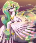  absurd_res cloud crown equine female flying friendship_is_magic fur gold hair hi_res horn long_hair looking_at_viewer mammal multi-colored_hair my_little_pony necklace outside portrait princess_celestia_(mlp) purple_eyes santagiera sky solo white_fur winged_unicorn wings 
