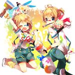  &gt;_&lt; 1girl ;d blonde_hair blue_eyes blush bracelet bucket closed_eyes crossover gen_3_pokemon hair_ornament hair_ribbon hairclip highres jewelry kagamine_len kagamine_rin kneeling leg_warmers minun mouth_hold niwa_(ejizon) one_eye_closed open_mouth paint paint_can paint_roller paintbrush plusle pokemon pokemon_(creature) ribbon short_hair smile suspenders trim_brush vocaloid 