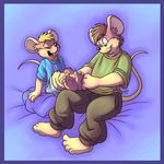  4_toes aura barefoot bed blonde_hair blue_eyes brown_hair clothing cub ear_fluff eyes_closed hair happy hindpaw laugh male mammal mouse paws purple_background roarey_raccoon rodent sheets shirt shorts size_difference smile teeth tickling young 