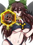  aiming_at_viewer arm_cannon bikini black_wings blush bow breasts brown_hair crop_top hair_bow large_breasts long_hair looking_at_viewer navel nightmare-doom powering_up radiation_symbol red_eyes reiuji_utsuho solo swimsuit third_eye touhou underboob weapon wings 