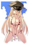  alternate_costume bare_shoulders bikini bismarck_(kantai_collection) blonde_hair blue_eyes blush breasts cleavage front-tie_top hat highres kantai_collection large_breasts long_hair looking_at_viewer military_hat oota_yuuichi open_mouth peaked_cap side-tie_bikini smile solo swimsuit 