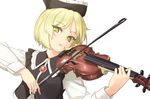  blonde_hair bow_(instrument) dress_shirt hat instrument long_sleeves looking_at_viewer lunasa_prismriver music parted_lips playing_instrument rokuwata_tomoe shirt short_hair simple_background solo touhou upper_body vest violin white_background white_shirt yellow_eyes 