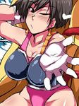  armor black_hair blown_kiss breasts brown_eyes cleavage dragon_ball dragon_ball_z gloves large_breasts leotard monkey_tail nightmare-doom outstretched_hand pink_leotard seripa short_hair solo tail white_gloves 