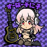  bandeau blush breasts chibi cleavage fishnet_legwear fishnets guitar headphones ichi/mine instrument jacket large_breasts long_hair looking_at_viewer lowres navel nitroplus open_clothes open_jacket open_mouth pink_hair red_eyes solo super_sonico thighhighs 