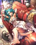  aqua_hair armpits arms_behind_head barefoot bat_wings breasts candle cat cleavage couch dino_(trexsilence) dress fang feet head_wings indoors long_hair medium_breasts original solo stretch tenkuu_no_crystalia toes window wings yellow_eyes 
