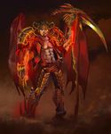  armor bare_chest bat_wings brown_hair claws clothing demon ewi-chan93 facial_hair goatee greaves hair holding horn humanoid looking_at_viewer magic_user magitech male pants polearm red_theme scythe smoke snarling staff standing weapon wings 