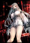  bare_legs bare_shoulders breasts cameltoe claws covered_nipples detached_sleeves dress highres horn kantai_collection large_breasts long_hair pale_skin panties rathke red_eyes ribbed_dress seaport_hime shinkaisei-kan short_dress sideboob silver_hair solo striped striped_panties underwear very_long_hair 