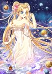  back_bow bare_shoulders bishoujo_senshi_sailor_moon blonde_hair blue_eyes bow double_bun dress fei_xina flower full_body hair_flower hair_ornament long_hair md5_mismatch petals pink_flower pink_rose planet princess_serenity rose solo sparkle strapless strapless_dress tsukino_usagi twintails white_dress 