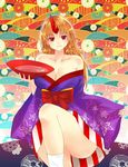  abstract_background bad_id bad_pixiv_id bare_shoulders blonde_hair bow breasts cleavage collarbone cup highres horn hoshiguma_yuugi hoshiguma_yuugi_(promo) japanese_clothes kikumon kimono large_breasts light_smile liquid long_hair looking_at_viewer obi off_shoulder open_mouth outline red_eyes sakazuki sash sitting sleeves_past_wrists solo touhou wide_sleeves x&amp;x&amp;x 