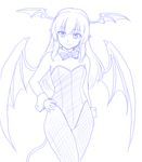  alternate_costume bat_wings bow bowtie breasts bunny_girl bunnysuit cleavage demon_tail detached_collar fishnet_pantyhose fishnets hand_on_hip head_tilt head_wings isaki_(gomi) koakuma leotard light_smile long_hair looking_at_viewer monochrome pantyhose pointy_ears simple_background small_breasts solo tail touhou white_background wings wrist_cuffs 