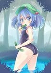  1girl ass blue_eyes blue_hair cucumber eating forest hair_bobbles hair_ornament hat kawashiro_nitori looking_at_viewer looking_back nature one-piece_swimsuit pond school_swimsuit solo surprised swimsuit touhou two_side_up wide_hips yuuki_(yuyuki000) 