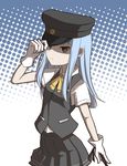  absurdres adjusting_clothes adjusting_hat black_skirt blue_eyes blue_hair cowboy_shot gloves hat hatsukaze_(kantai_collection) highres kantai_collection long_hair looking_at_viewer pleated_skirt school_uniform serious shaded_face skirt solo upper_body utsushige vest white_gloves 