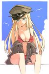  bare_shoulders between_legs bikini bismarck_(kantai_collection) blonde_hair blush breasts cleavage clothes_down cloud colored_eyelashes day green_eyes hand_between_legs hat highres kantai_collection large_breasts long_hair looking_at_viewer military_hat navel oota_yuuichi open_mouth peaked_cap simple_background sitting sky smile solo swimsuit 