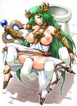  anklet armlet bar_censor bare_shoulders boris_(noborhys) breasts censored dress fingering green_eyes green_hair high_heels jewelry kid_icarus kid_icarus_uprising large_breasts long_hair master_hand necklace nipples no_panties one_eye_closed palutena single_thighhigh solo spread_legs staff super_smash_bros. thighhighs tiara vambraces very_long_hair white_legwear 