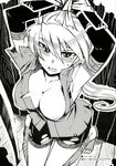  1girl barefoot bdsm black_and_white blush bondage bound breasts captive cleavage collarbone comic female kusanagi_tonbo large_breasts long_hair looking_at_viewer manga monochrome nipple_slip nipples original ponytail solo sword tears torn_clothes weapon 