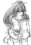  coat cube dice ganaha_hibiki greyscale hair_ornament hair_ribbon idolmaster idolmaster_(classic) jacket long_hair long_sleeves looking_at_viewer monochrome nekoyanagi_matasaburou ponytail ribbon scarf shorts simple_background sketch solo standing very_long_hair white_background winter_clothes winter_coat 