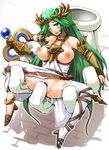  1girl blush breasts female_ejaculation green_eyes green_hair jewelry kid_icarus large_breasts lots_of_jewelry master_hand monster nipples open_mouth palutena pussy pussy_juice super_smash_bros. 