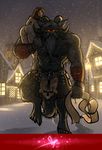  abs anthro bgn biceps chain darkness detailed_background facial_hair female fur glowing glowing_eyes hair horn house human krampus looking_at_viewer male mammal monster muscles nude orange_eyes pecs snow snowing 