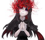  akemi_homura bad_id bad_pixiv_id black_hair dress flower funeral_dress hairband hands_clasped long_hair looking_at_viewer mahou_shoujo_madoka_magica mahou_shoujo_madoka_magica_movie own_hands_together purple_eyes simple_background smile solo spider_lily spoilers white_background 