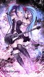  bad_id bad_pixiv_id blue_hair boots character_name copyright_name corset cross-laced_footwear dress elbow_gloves electric_guitar flower gloves guitar hair_flower hair_ornament hatsune_miku highres instrument knee_boots lace-up_boots long_hair purple_eyes single_elbow_glove solo thighhighs twintails very_long_hair vocaloid yusuke_(shiota) 