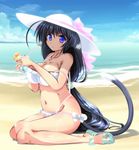  1girl animal_ears beach belly bikini black_hair blue_eyes breasts cat_ears cat_tail cleavage cocktail female hat large_breasts long_hair navel nenngajyoh ocean on_ground original outdoors sitting solo summer swimsuit tail very_long_hair white_bikini white_swimsuit 