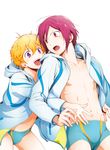  bad_id bad_pixiv_id blonde_hair child free! hazuki_nagisa jacket male_focus male_swimwear matsuoka_rin multiple_boys open_mouth pink_eyes red_eyes red_hair ruru_(ultimatepowers.info.) smile swim_briefs swim_trunks swimwear track_jacket younger 