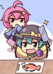  2girls :3 ahoge blue_hair chibi covering_mouth cutting_board fish flying_sweatdrops hair_ornament hairband hammer hat hat_ribbon holding komeiji_koishi komeiji_satori kukku multiple_girls open_mouth outstretched_arms pink_hair ribbon saw short_hair simple_background smile sparkle spread_arms sweat third_eye touhou two-tone_background 