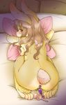  4_toes anthro anus bed blush breasts brown_hair censored female fur hair lagomorph long_ears long_hair looking_back mammal pillow rabbit setouchi_kurage sex_toy short_tail solo toes yellow_fur 