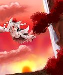  animal_ears bare_shoulders breasts detached_sleeves flying geta happy hat highres inubashiri_momiji looking_away medium_breasts nayutaro open_mouth pom_pom_(clothes) red_eyes smile solo sun tail tokin_hat touhou tree water waterfall wolf_ears wolf_tail 