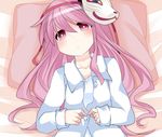  alternate_costume blush commentary fox_mask hammer_(sunset_beach) hata_no_kokoro long_hair long_sleeves looking_at_viewer lying mask on_back pajamas pillow pink_eyes pink_hair solo touhou unbuttoning 