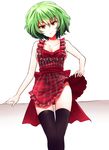  absurdres alternate_costume apron apron_lift bare_arms bare_shoulders black_legwear bow breasts cleavage collarbone green_hair head_tilt highres kazami_yuuka looking_at_viewer medium_breasts naked_apron orange_eyes plaid plaid_apron rain_(icetuofei) sash short_hair sideboob simple_background smirk solo thighhighs touhou white_background 