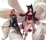  ahri animal_ears armor armored_boots artist_name black_hair blonde_hair blue_eyes boots breastplate breasts camlet cleavage detached_sleeves fox_ears fox_tail hairband league_of_legends long_hair luxanna_crownguard medium_breasts multiple_girls multiple_tails skirt staff tail yellow_eyes 