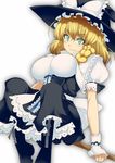  black_footwear blonde_hair boots bow braid breasts broom broom_riding curiosities_of_lotus_asia dress green_eyes hair_bow hat hat_bow impossible_clothes kirisame_marisa kokuuu large_breasts lipstick long_hair makeup puffy_short_sleeves puffy_sleeves reclining short_sleeves single_braid smile solo touhou white_bow wrist_cuffs 