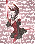  bare_shoulders black_hair blood blood_splatter breasts cleavage demon_horns detached_sleeves eliza_(tekken) fingernails flower horns large_breasts long_fingernails pale_skin red_eyes rose short_hair sketch solo tattoo tekken tekken_revolution tin078 upper_body vampire 